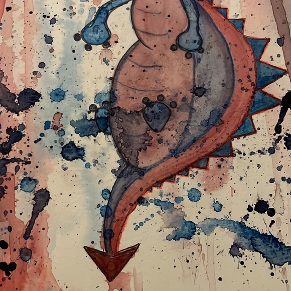 Unframed Original Art Watercolour Splash Expressionism Goofy Dragon Painting - Picture 4 of 5